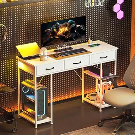 Homcom Schreibtisch Küchentisch mit 2 Steckdosen Computertisch mit verstellbare Regalböden 3 Stoffschubladen Arbeitstisch Laptoptisch Büroregal Weiß 120x40x76 cm