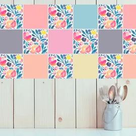 Queence Fliesenaufkleber Blumen 12er Set 15 cm x 15 cm