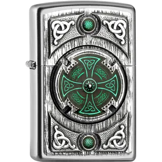 Zippo Celtic Green Cross Emblem Satin Chrome Sturmfeuerzeug