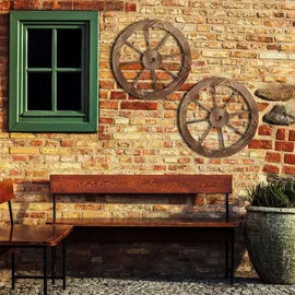 Relaxdays Wagenrad aus Holz, 2er Set, Deko für Garten, Terrasse, Veranda, rustikales Speichenrad, Saloon, Western, braun