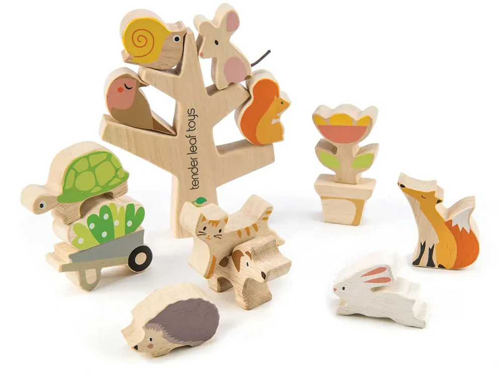 Stapelspielzeug aus Holz 13-teilig mehrfarbig FSC-Gummibaumholz inkl. Tiere, Schubkarre, Beutel - Tender Leaf Garten-Set