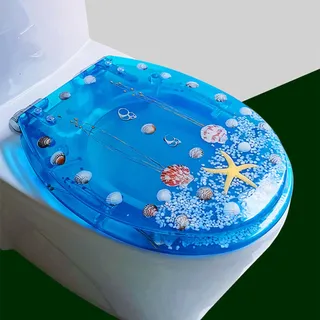 FUNRIN Toilettendeckel, WC-Tankabdeckungen, Transparenter Harz-WC-Sitz Echte Muscheln und Sande Anti-Bakteriell Einstellbare Edelstahl-Scharnier-WC-Deckel-Abdeckung Langsam Soft Close Top Mount,1
