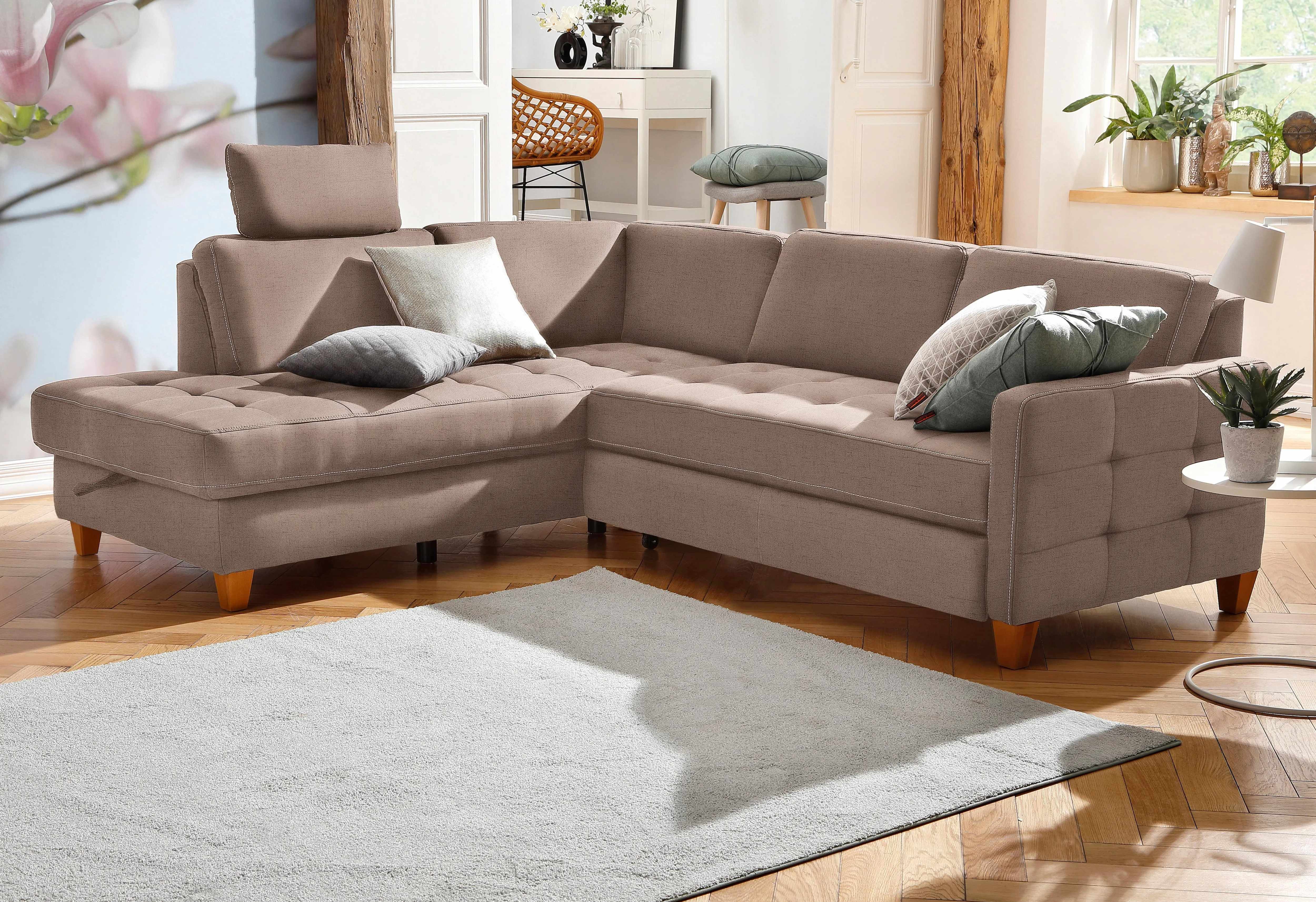 Home affaire Ecksofa »Earl L-Form«, wahlweise auch mit Bettfunktion oder Bettfunktion mit Bettkasten Home affaire dunkelbeige