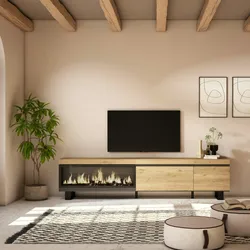 SKRAUT HOME Wohnzimmer-TV-Schrank, Viel Stauraum, 237x35x57cm, Großes TV-Format, XXL-Elektrokamin, Industriedesign, Farbe Eiche - 497_7