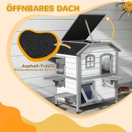 PawHut Katzenhaus aus Holz, Outdoor Katzenhütte mit Treppe, 2-Etagen, Kleintierhaus für Katzen bis 4,5 kg, Weiß, 99,5 x 76 x 91 cm - Weiß
