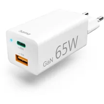 Hama Schnellladegerät, GaN, 1x USB-C PD, 1x USB-A QC, Mini-Ladegerät, 65 W, Weiß