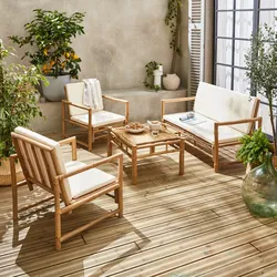 Gartenmöbel Manila aus Bambus, 4 Sitze, cremefarbene Kissen