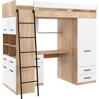 FurnitureByJDM Hochbett mit Schreibtisch, Schubladen, Kleiderschrank und Bücherregal - Level L - (Eiche Sonoma/Weiß)