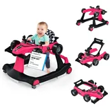 COSTWAY 4 in 1 Lauflernhilfe, Lauflernwagen klappbar mit einstellbarer Höhe & Geschwindigkeit, Baby Walker Autoförmig mit Musikbox, Licht & Rädern, Gehfrei Baby ab 6 Monaten, 12kg Belastbar (Rosa)