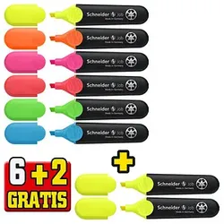 6 + 2 GRATIS: Schneider Job Textmarker farbsortiert, 6 St. + GRATIS 2 St.