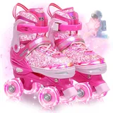 OLYSPM Rollschuhe Kinder Mädchen,4 Verstellbare Größen mit fluoreszierendem Oberteil,Rollschuhe mit Leuchtenden Rädern für Anfänger Weihnachts und Geburtstags Geschenke(Rosa)