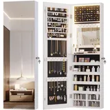 Vlsrka LED Schmuckschrank Hängend, Türspiegel/Wandspiegel mit schmuckschrank, Schmuckschrank mit Spiegel Abschließbarer, Schmuckspielgelschrank mit 3 Farben Licht, Spiegelschrank mit Beleuchtung, Weiß