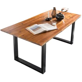 SalesFever Essgruppe, 5 tlg. 180 cm - Bezug Strukturstoff gelb Gestell schwarz Tisch cognac | 370759