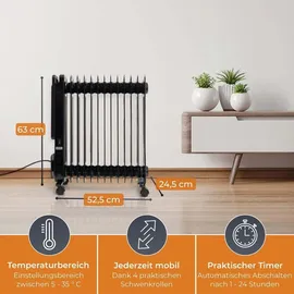 Klamer Ölradiator 2500 W, Elektroheizung energiesparend, 13 Rippen, 3 Heizstufen mit Eco-Modus, 24h Timer, Thermostat, Überhitzungs- & Kippschutz, mi...