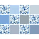 Fliesenaufkleber QUEENCE "Blumen", blau (blau, grau), B:15cm H:15cm T:0,1cm, Fliesenaufkleber, Stickerfliesen, selbstklebend, Sticker, 12er Set