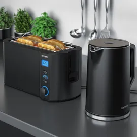 Arendo Frühstücksset, Wasserkocher ELEGANT 1,5 Liter, 4-Scheiben Langschlitz Toaster, Schwarz