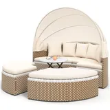 Rutaqian Gartenlounge-Set Muschel-Garten-Lounge-Sessel-Bett, anhebbare Tischplatte, Baldachin, (Lässt sich Beliebig in einen Liegestuhl oder Sitz Verwandeln, Rattan-Gartentisch und Stühle-Set, inklusive Aller Kissen, Sitzkissen), Terrassenliegen für Garten, Pool weiß