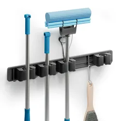 Björn&Schiller Wandhalter Besenhalter rostfrei – 4 Gerätehalter & 5 Haken für Mopps, Besen, Gartengeräte, platzsparend