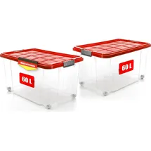 BigDean 2x 60 L Aufbewahrungsbox mit Deckel groß rot - stabile - robuste Box