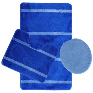 COFI 3-Teilig Bad Garnitur Badematte Badvorleger Wasser absobierend Kleine Streifenmuster rutschfest Blau