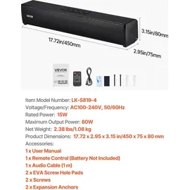 Vevor Soundbar für Smart TV, 2.0-Kanal, 450 mm kompakte TV-Lautsprecher für Projektor, Bluetooth-AUX-Anschluss, Fernbedienung, 80-W-Surround-Soun...