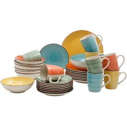 Kombiservice MY HOME "Geschirr-Set, Service Verceia", bunt (gelb, grün, orange, blau), 33 tlg., Steinzeug, Geschirr-Sets, Pinselstrich-Dekor, von Hand bemalt, 33 Teile