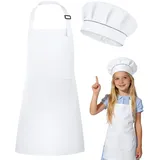 DiULi Kochschürze Kinder, 2er Kinder Schürze und Kochmütze Set, Verstellbare Backschürze mit Taschen für Jungen Mädchen, Kinderschürzen für Kochen Backen Malen Basteln Party, Weiß L
