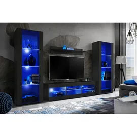 komodee Wohnzimmerset, Schwarz, Schwarz, Holzwerkstoff, 9 Fächer, Rechteckig, 250x159x35 cm, Wohnzimmer, Wohnwände, Anbauwände