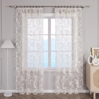 ESLIR Gardinen mit Kräuselband Fensterschal Transparent Vorhänge Ausbrenner Wohzimmer Schiebegardinen Gardinenschal im Landhausstil Beige BxH 140x245cm 1 Stück