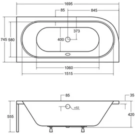 Besco BADLAND Eckbadewanne Rechteck Badewanne Avita RECHTS 170x75 mit Ablaufgarnitur und Füßen + Badkissen Schwarz KODI | BADLAND AVITA - Schwarz/Weiß