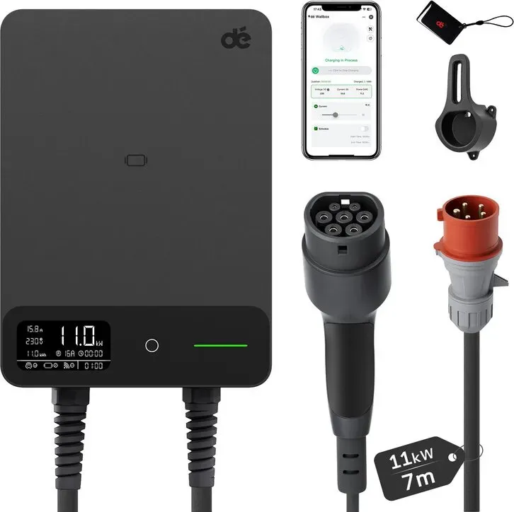 dé Wallbox Typ 2 11 kW mit APP & RFID – 3-phasige Elektroauto-Ladestation 400 V, 6–16 A, 7,5 m Ladekabel mit Kabelhalter – RCD Typ B & Schutzart IP54, effiziente Heimladestation, schwarz