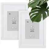 Blumtal – 2er Set Bilderrahmen 21x30 cm, hochwertiger Fotorahmen Berlin aus Holz mit Passepartout, zum Aufhängen und Aufstellen, weiß