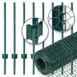 VOSS.farming Gartenzaun-SET: Sechseckgeflecht 10mx75cm, grün + 8x Metall Zaunpfosten