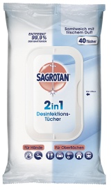 SAGROTAN 2in1 Desinfektionstücher, Feuchttücher zur Hand- und Flächendesinfektion, 1 Packung = 40 Stück
