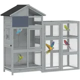 PawHut Voliere Vogelvoliere aus Holz mit Erweiterung 6 Sitzstangen 7 Türen Ablagefach Vogelkäfig mit herausziehbarer Schublade Edelstahlnäpfen Vogelhaus für Finken Wellensittiche Grau 196x60x164,5cm