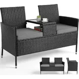 TLGREEN Balkonset Polyrattan Gartenbank 2er Set, (Wetterfest UV-beständig Rattan Sofa Outdoor, mit Tisch & Weichen Sitzkissen), Balkonmöbel für Kleinen Balkon/Terrasse/Garten schwarz