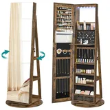 SONGMICS Schmuckschrank, Spiegelschrank, mit rahmenlosem Ganzkörperspiegel, 3 Ablagen, 360° drehbar, abschließbar, Oberfläche in Vintagebraun, Innenfutter in Schwarz JJC007X01