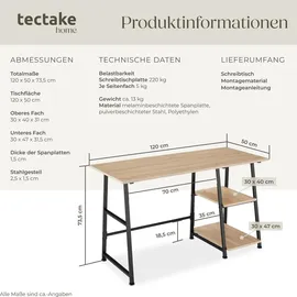 Tectake tectake® Schreibtisch, Paisley 120x50x73,5cm Industrial Style, trapezförmiges Gestell, Seitenregal mit 2 Ablagefächern, 120 x 50 x 73,5 cm