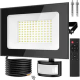 papasbox 100W LED Strahler mit Bewegungsmelder Außen Lichtsensor | Außenstrahler Scheinwerfer Aussen mit Fernbedienung | 6500K Kaltweiß IP66 Wasserdicht Fluter für Garten Garage Sportplatz