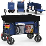 LAWA Living and Lifestyle Bollerwagen Angelwagen faltbar 130l groß Stoffdach 100kg kleines Packmaß leicht, mit Heckklappe, verlängerbar, 110cm Teleskopgriff, Seitentasche blau