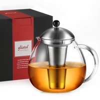 glastal Glas Silberne Teekanne 1500ml mit 18/8 Edelstahl Teesieb Borosilicate Glas Teebereiter Glaskanne Geeignet für Teewarmer