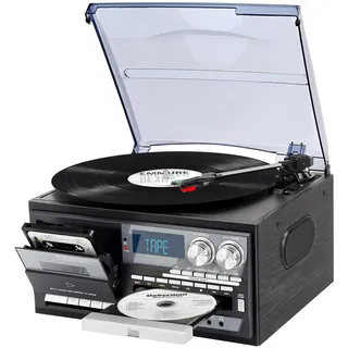 9-in-1 Vintage Plattenspieler mit Bluetooth, 3-Gang Turntable, CD & Kassette, AM/FM Radio, USB/SD Aufnahme, AUX Eingang & RCA Ausgang