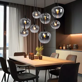GLOBO Pendellampe Hängeleuchte Wohnzimmer Pendelleuchte Wohnzimmer Esstischleuchte rauch Glasschirm, Metall schwarz, Fassungen 8x E27, Lxbxh 105x45x120 cm