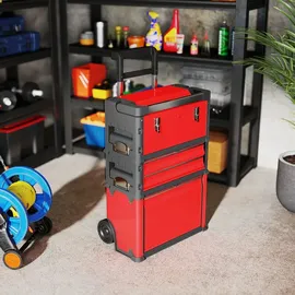 Homcom Werkstattwagen inkl. Koffer Werkzeugwagen leer mit 3 modularen Einheiten, Rollwagen zur Werkzeugaufbewahrung, Werkzeugkasten mit Griff, Stahl, Rot