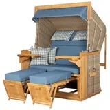 deVries PURE® Strandkorb Friesland Sylt XL - PE white kubu - Dessin 509, BxTxH: 135x90x165 cm, Volllieger, Nordsee-Strandkorb, Teakholz - PE-Markengeflecht - bequeme Polster - Schutzhaube blau
