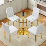 5-teiliges Tisch-Set Esstisch 85cm Sicherheitsglas gold Metall 4 PolyurethanSessel weiß gold Rautenmuster modern minimalistisch Gold - Gold