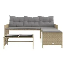 vidaXL Gartensofa in L-Form mit Tisch und Kissen Beige Poly Rattan