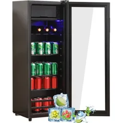 AIORBER 128L Mini-Kühlschrank,8L-Gefrierschrank+120L-Kühlschrank,fasst 94 Dosen Limonade, Geräuscharmer Betrieb,Kompressorkühlsystem, Schwarz - Schwarz