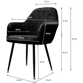 ECD Germany 4er Set Esszimmerstühle mit Rücken- und Armlehnen, Schwarz, mit Samtbezug, Polsterstühle mit Metallbeinen, Ergonomische Stühle für Esstisch, Wohnzimmerstühle Stuhl aus Samt Küchenstuhl