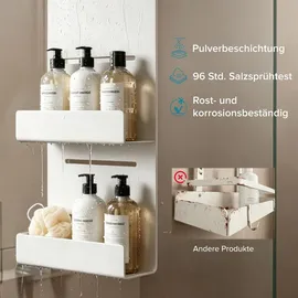 doporro Duschablage ohne Bohren, Duschregal ohne Bohren 2 Ebenen, Duschablage zum Hängen für Glasduschtüren, mit 5 Haken, Weiß, Oryne-01